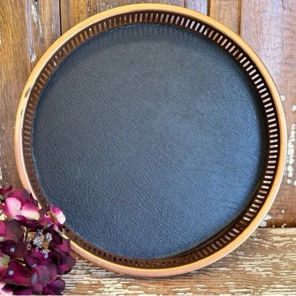 Vintage MCM Coppercraft Guild Drink Tray Wood Leather Copper Whiskey Bar Tray